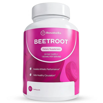 Rosabella Organic Beet Root Capsules - 1300mg Beet Root Powder Aids Healthy Circulation & Vitality, Non-GMO, Beet Root Supplement - 60 Capsules, 30-Day Supply